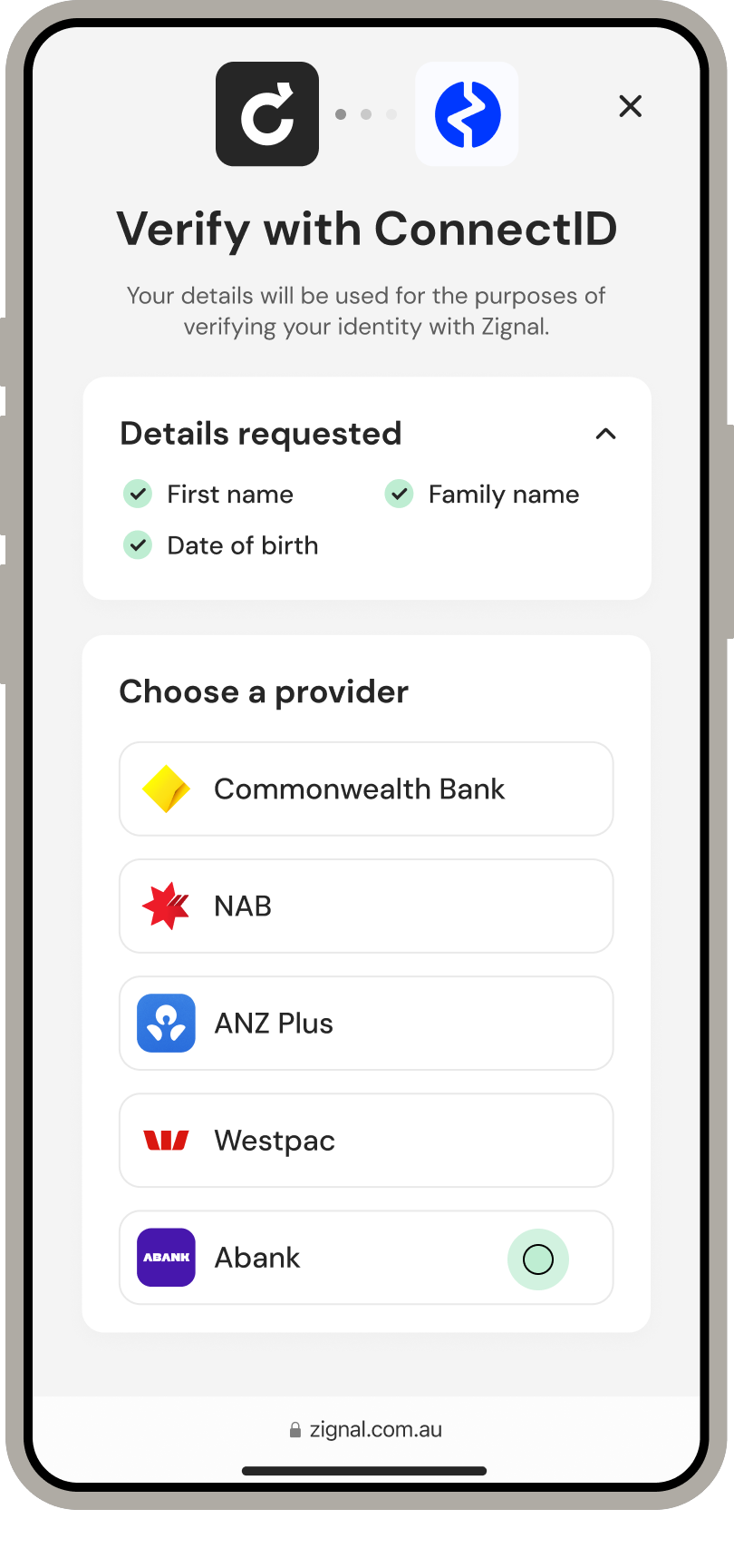 Choose identity provider ConnectID verification screen showing the requested personal details (first name, family name and date of birth) and a list of participating identity providers including Commonwealth Bank, NAB, ANZ Plus, Westpac and ABANK for the user to select.
