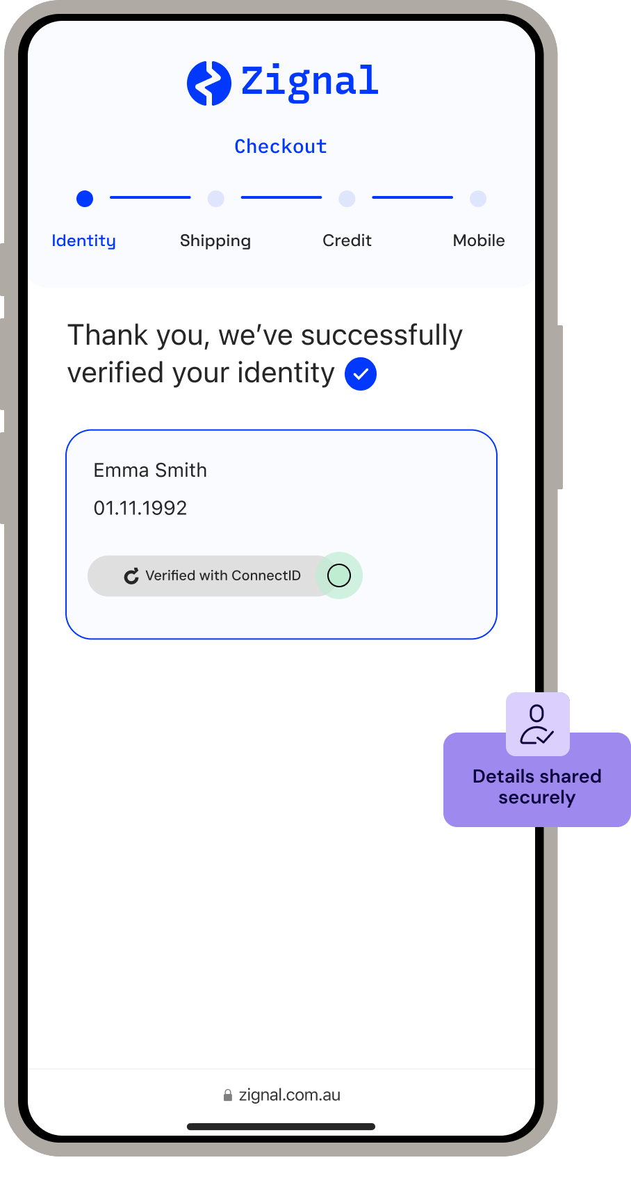 Verification complete Checkout screen confirming the user’s identity has been successfully verified with ConnectID. The verified personal details are displayed along with a confirmation badge. A callout indicates that the requested details were shared securely.