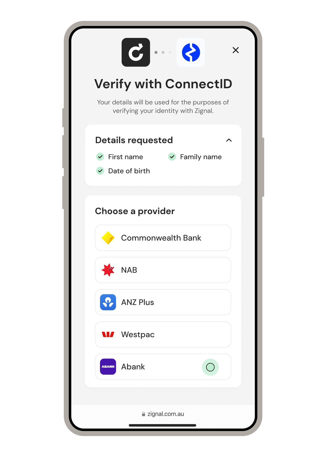 Choose identity provider ConnectID verification screen showing the requested personal details (first name, family name and date of birth) and a list of participating identity providers including Commonwealth Bank, NAB, ANZ Plus, Westpac and ABANK for the user to select.