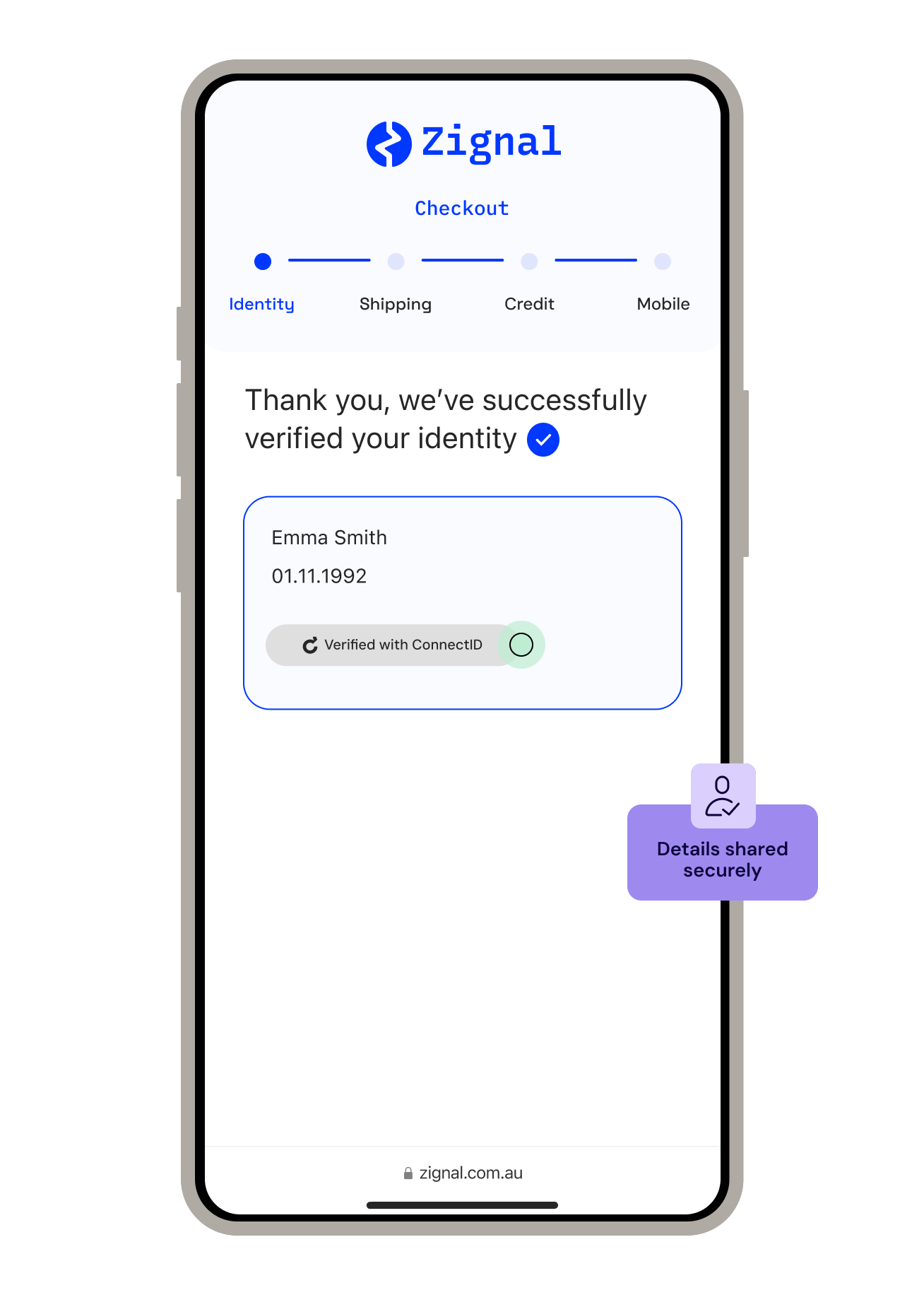 Verification complete Checkout screen confirming the user’s identity has been successfully verified with ConnectID. The verified personal details are displayed along with a confirmation badge. A callout indicates that the requested details were shared securely.